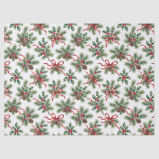 Papier Mousseline Cône de pin de Noël à l'aquarelle et ruban de houx