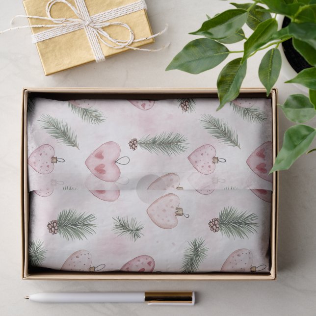 Papier Mousseline Cônes de pin de Noël cœurs rose tendre (Cadeau)