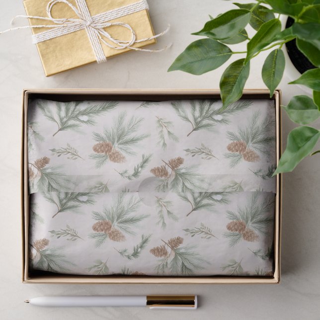 Papier Mousseline Cônes de pin de Noël marron vert crème (Cadeau)