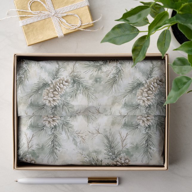 Papier Mousseline Cônes de pin Noël vert   (Cadeau)