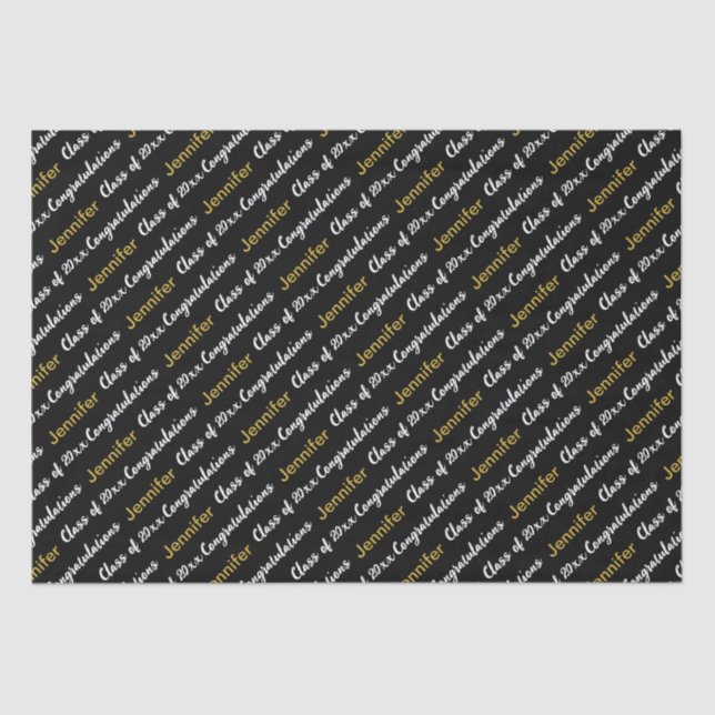 Papier Mousseline Congratulations Name Black White Gold Graduation (Recto)
