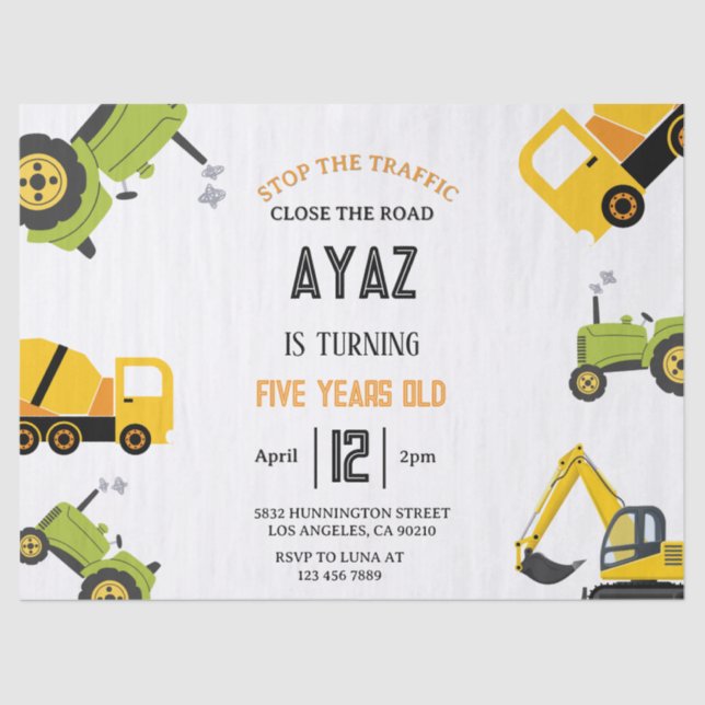 Papier Mousseline Construction Dump Truck Party Boy Birthday  (Recto)