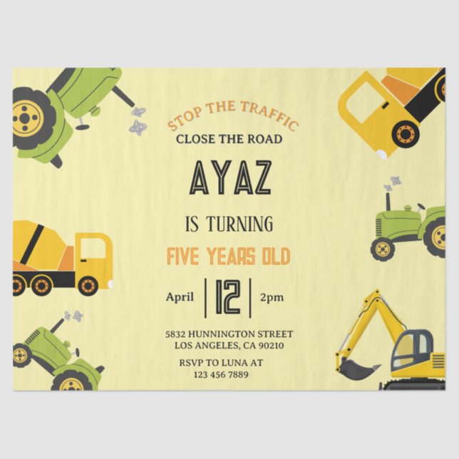 Papier Mousseline Construction Dump Truck Party Boy Birthday  Tissue (Recto)