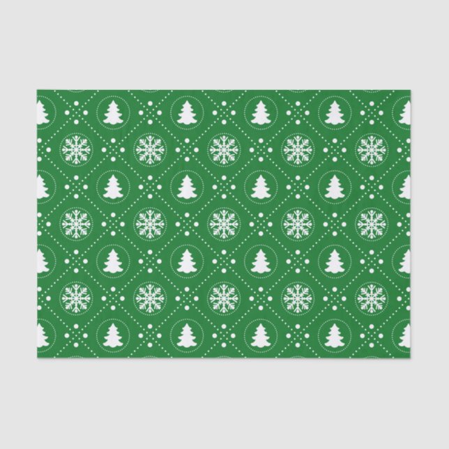 Papier Mousseline Cool Green White Snowflakes Christmas Tree Motif (Recto)