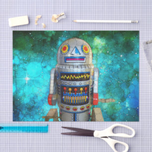 Papier Mousseline Cool sci fi retro toy robot bleu galaxie anniversa