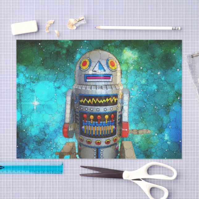 Papier Mousseline Cool sci fi retro toy robot bleu galaxie anniversa (Artisanat)