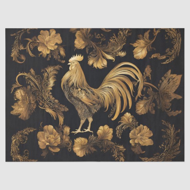 Papier Mousseline Coq de Ferme Doré sur Fond Noir (Recto)