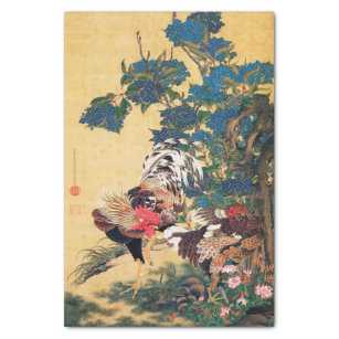 Papier Mousseline Coq et Hen avec Hydrangeas par Ito Jakuchu