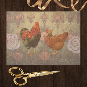 Papier Mousseline Coq et poule de race patrimoniale damassé français