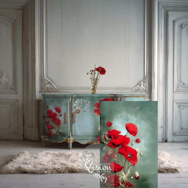Papier Mousseline Coquelicots Rouge Clair Turquoise Bleu Vert (Vibrant Poppies, Botanical Art, Red and turquoise teal, long stem flowers decoupage tissue paper.)