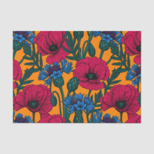 Papier Mousseline Coquelicots rouges et fleurs de maïs bleues sur or