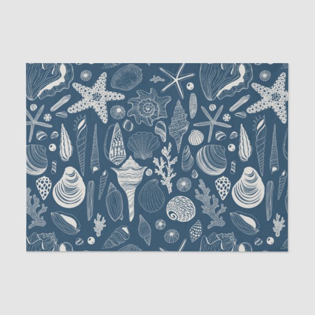 Papier Mousseline Coques de mer sur bleu foncé (Recto)