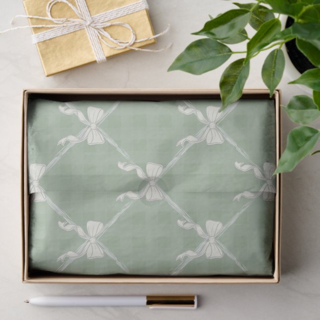 Papier Mousseline Coquette Bows Gingham Pattern Cream Sage Green  (Cadeau)