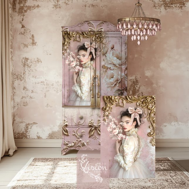 Papier Mousseline Coquette Romantique Baroque Portrait Oiseau Floral (Coquette Romantic Portrait, Rose Pink & Gold, Baroque, Bird & Blossoms Decoupage Tissue Paper.)