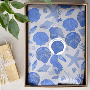 Papier Mousseline Coquillages bleus et Motif de corail blanc