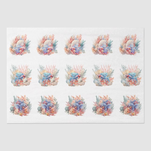 Papier Mousseline Coquillages Corail & Poisson Betta Decoupage (Recto)