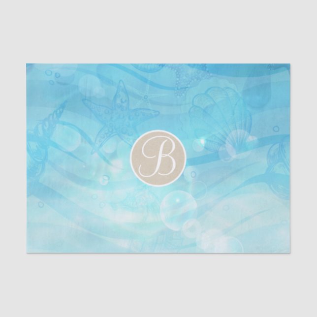 Papier Mousseline Coquillages de mer océan bleu Monogramme Initial (Recto)