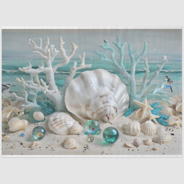 Papier Mousseline Corail & Shell Display Pastel Blues Tissu Papier (Recto)
