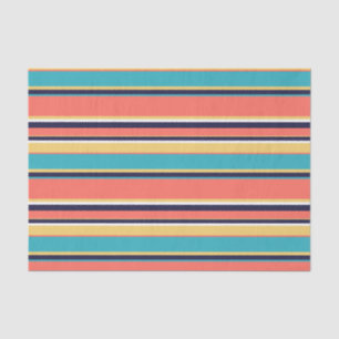 Papier Mousseline Corail vivant, rayures bleues et jaunes