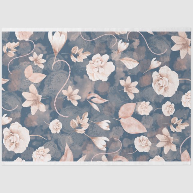 Papier Mousseline Coral Blush rose Floral motif bleu (Recto)