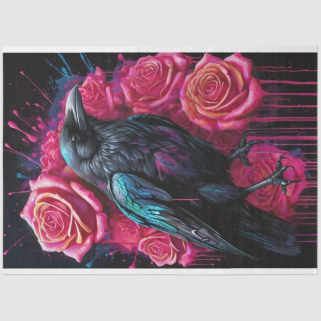 Papier Mousseline Corbeau avec Neon Rose Roses Pop Art Découpage (Recto)