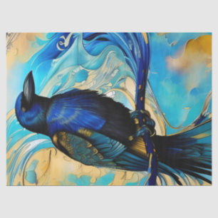Papier Mousseline Corbeau bleu noir sur bleu et or abstrait