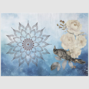 Papier Mousseline Corbeau noir Fleurs blanches Fond bleu