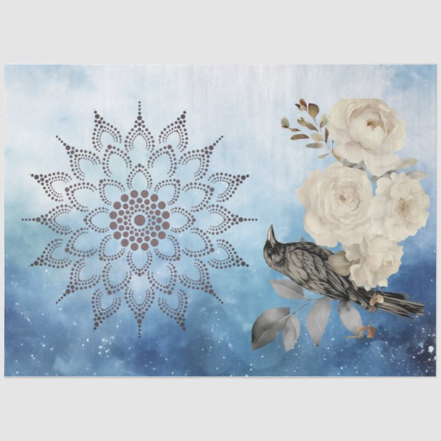 Papier Mousseline Corbeau noir Fleurs blanches Fond bleu (Recto)