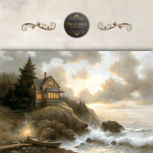 Papier Mousseline Cottage au bord de la mer au crépuscule en découpa