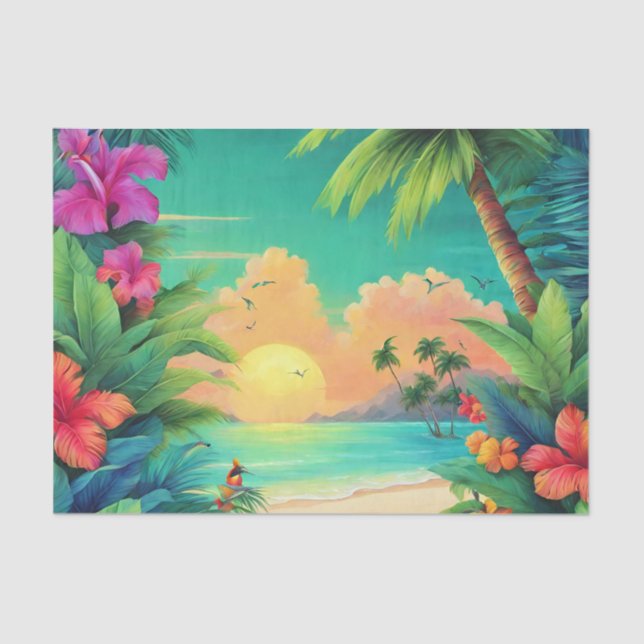 Papier Mousseline Coucher de soleil tropical avec des fleurs d'Hibis (Recto)