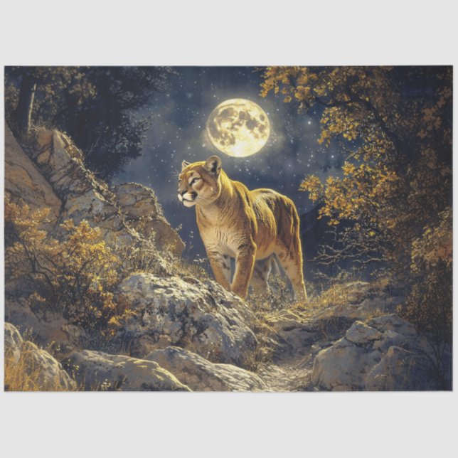 Papier Mousseline Cougar in the Moonlight Wildlife Art Decoupage (Recto)