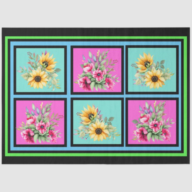 Papier Mousseline Couleur d'eau Fleurs de soleil et fleurs roses Déc (Recto)