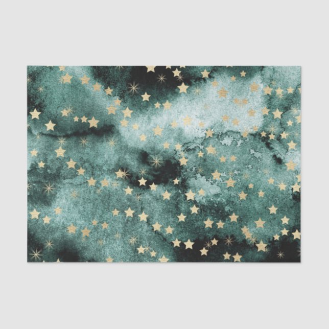 Papier Mousseline Couleur d'eau verte foncée avec étoiles d'or (Recto)