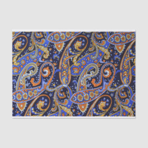 Papier Mousseline Couleur Vintage Bleu et Motif orange Paisley