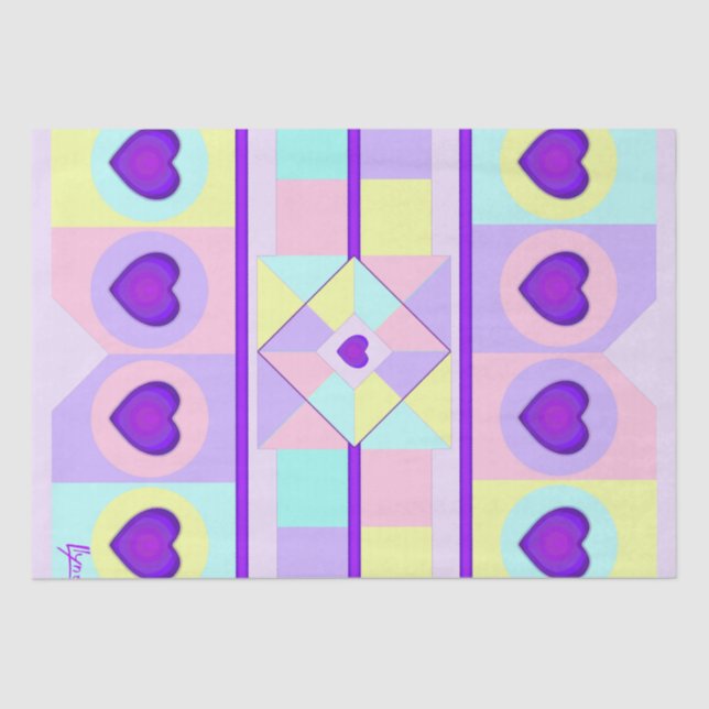 Papier Mousseline Couleurs pastel & coeurs violets battre (Recto)