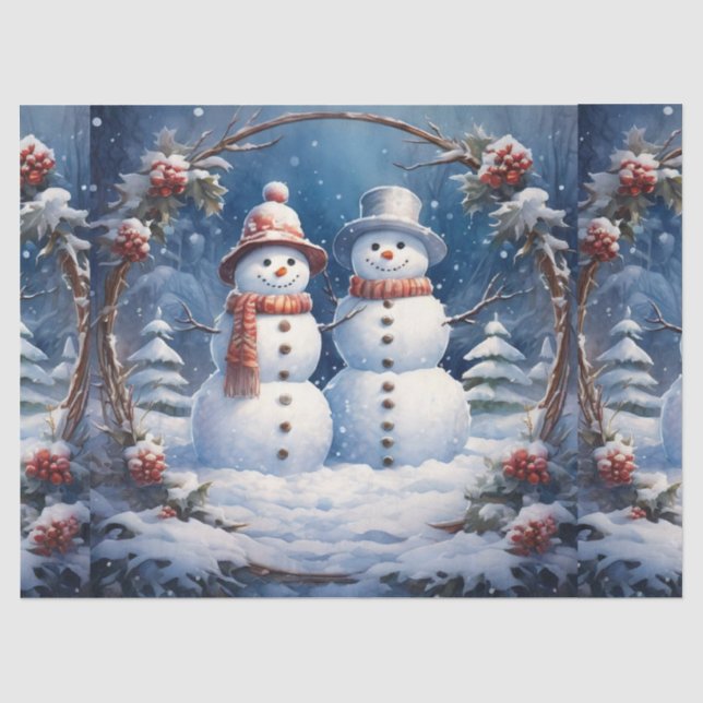 Papier Mousseline Couple de bonhommes de neige de Noël pour découpag (Recto)
