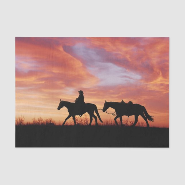 Papier Mousseline Cowboy couché du soleil et silhouette de cheval (Recto)