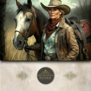Papier Mousseline Cowgirl Mûre Avec Cheval Dans Le Champ Découpage