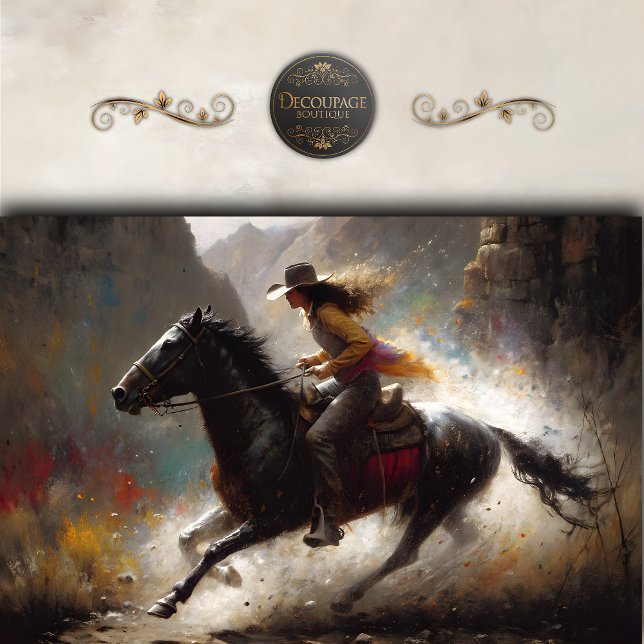 Papier Mousseline Cowgirl Riding Black Horse Canyon Decoupage  (Cowgirl Riding Black Horse Canyon Decoupage Tissue Paper)