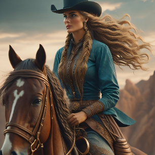 Papier Mousseline Cowgirl riding into the sunset, Cowboy hat v3