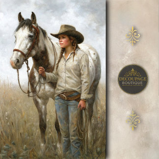 Papier Mousseline Cowgirl With Spotted Horse In Field Decoupage