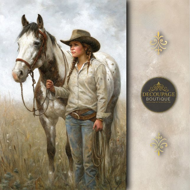 Papier Mousseline Cowgirl With Spotted Horse In Field Decoupage (cowgirl With Spotted Horse In Field Decoupage Tissue Paper)