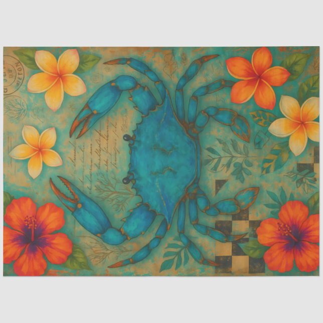 Papier Mousseline Crabe bleu avec fleurs tropicales Découpage (Recto)