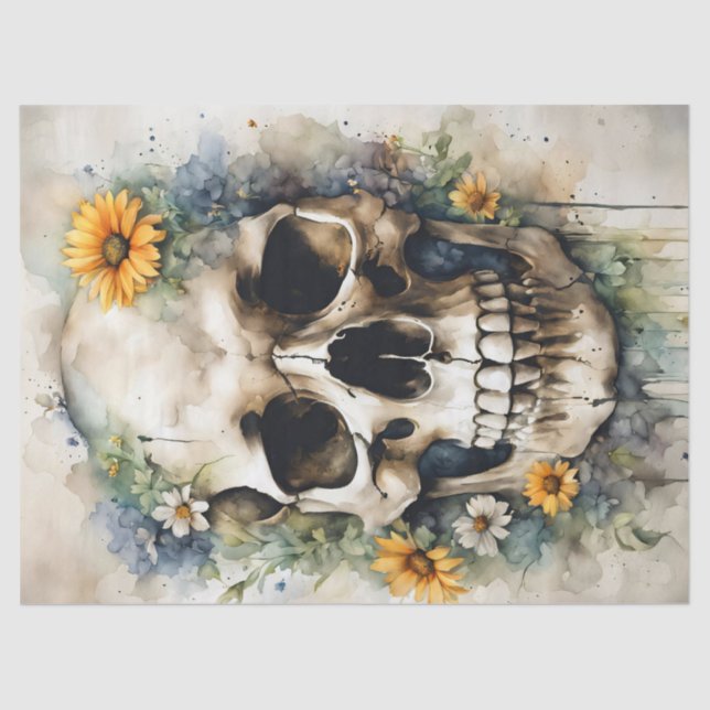 Papier Mousseline Crâne aquarelle avec découpage Fleur sauvage (Recto)
