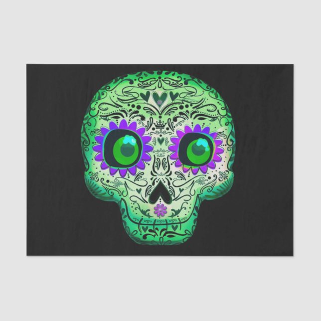 Papier Mousseline Crâne de sucre lumineux vert et violet Halloween (Recto)