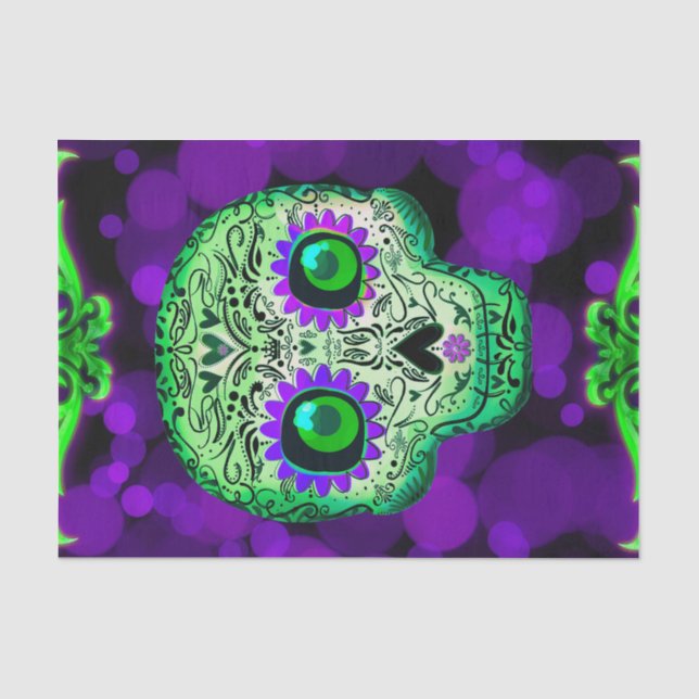 Papier Mousseline Crâne de sucre vert et violet lumineux pour la fêt (Recto)