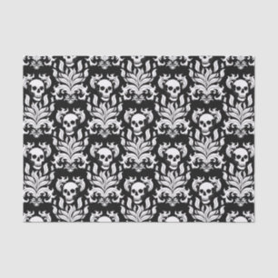 Papier Mousseline Crâne flamme Damas en blanc foncé sur noir