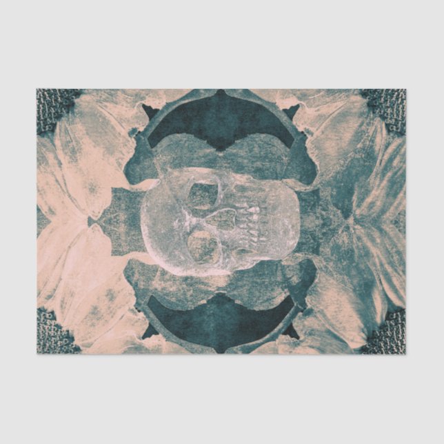 Papier Mousseline Crâne Gothique Floral Turquoise Beige Grunge Textu (Recto)
