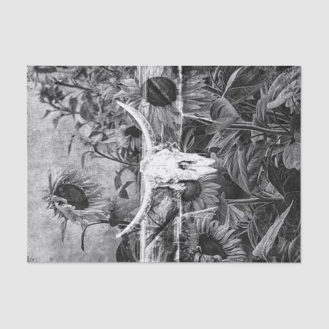 Papier Mousseline Crâne Rustique Floral Noir Et Blanc (Recto)