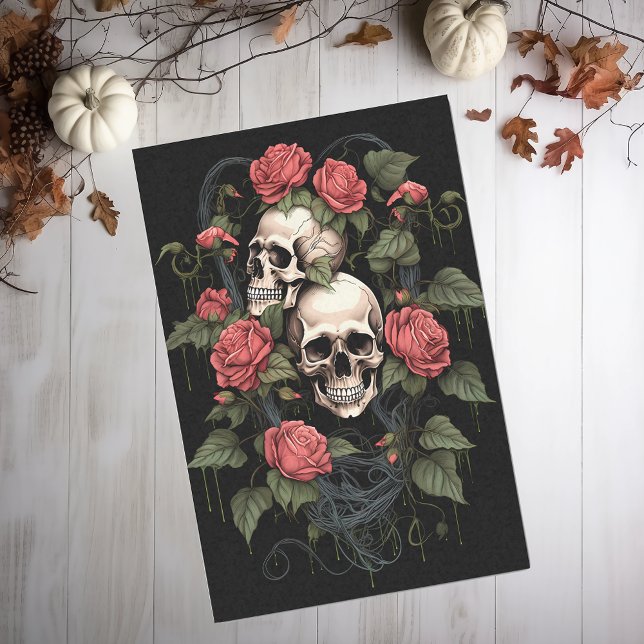 Papier Mousseline Crâne Squelette avec Roses Aquarelle (Créateur téléchargé)